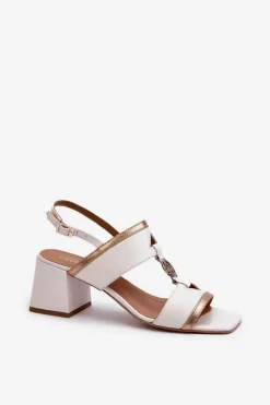 Skórzane Eleganckie Sandały Na Klocku Laura Messi 2768 Białe