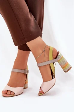 Skórzane Eleganckie Sandały Na Słupku Laura Messi 2136 Multikolor