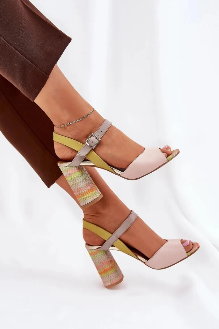 Skórzane Eleganckie Sandały Na Słupku Laura Messi 2136 Multikolor