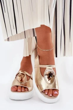 Skórzane Eleganckie Sandały Damskie S.Barski GR51-603 Złote