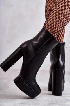 Skórzane Gładkie Botki Na Słupku Czarne Kaysa