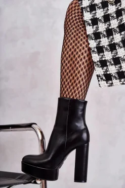 Skórzane Gładkie Botki Na Słupku Czarne Kaysa