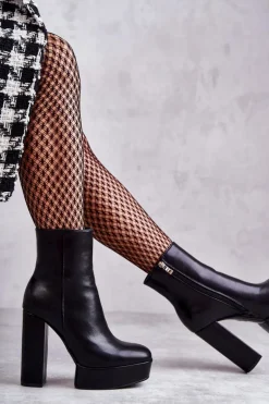 Skórzane Gładkie Botki Na Słupku Czarne Kaysa