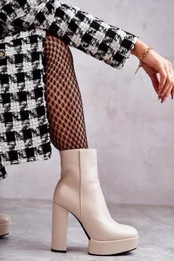 Skórzane Gładkie Botki Na Słupku Beżowe Kaysa