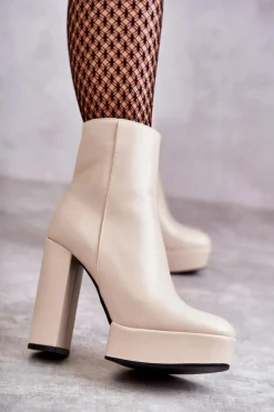 Skórzane Gładkie Botki Na Słupku Beżowe Kaysa