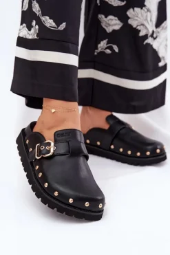 Skórzane Klapki Chodaki Damskie Na Platformie Big Star RR274A378 Czarne