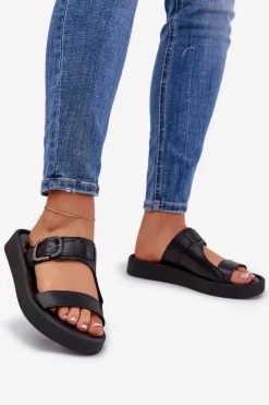 Skórzane Klapki Damskie Na Platformie Zazoo 3024 Czarne