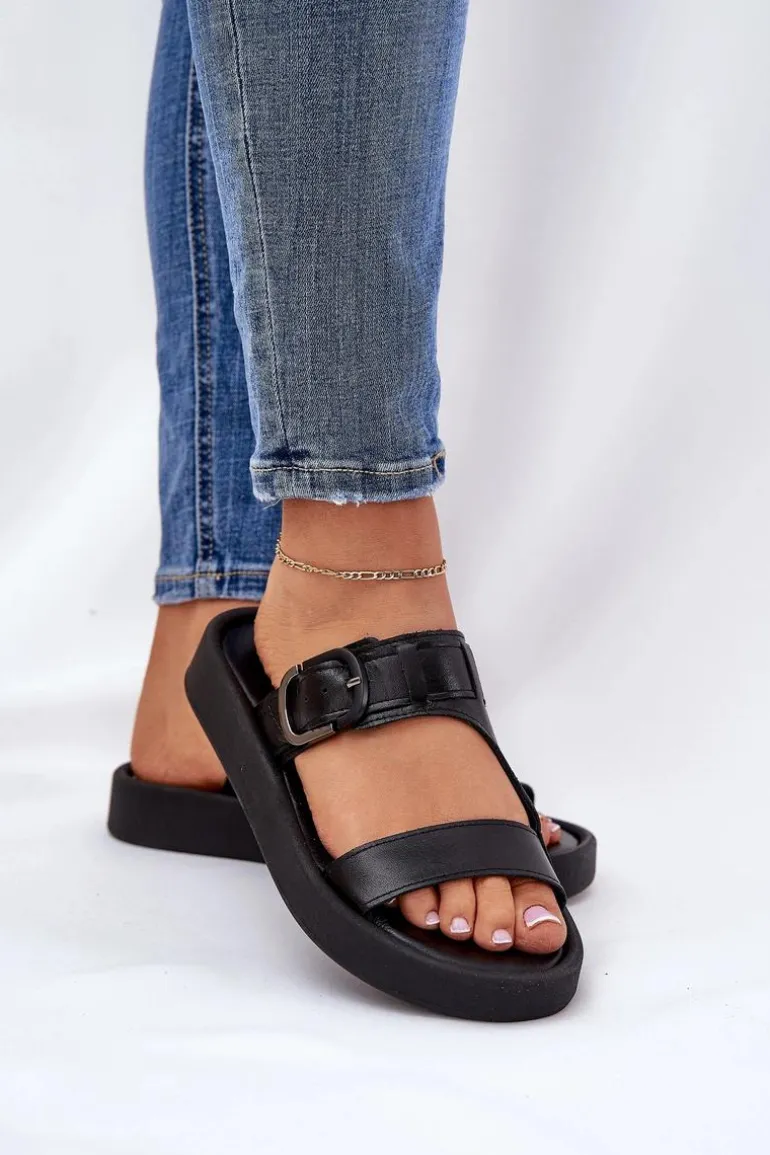 Skórzane Klapki Damskie Na Platformie Zazoo 3024 Czarne