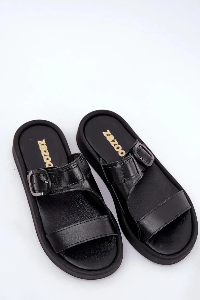 Skórzane Klapki Damskie Na Platformie Zazoo 3024 Czarne