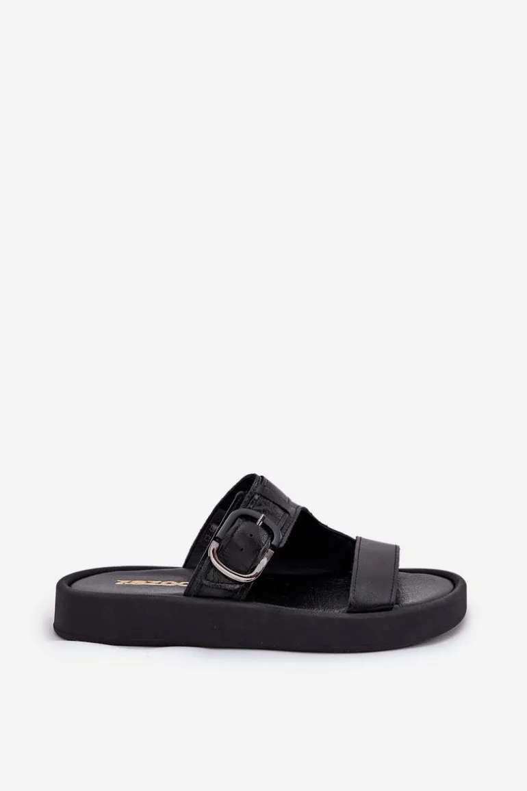 Skórzane Klapki Damskie Na Platformie Zazoo 3024 Czarne