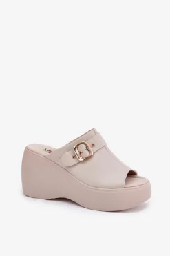 Skórzane Klapki Damskie Na Platformie I Koturnie Z Klamrą S.Barski LR51-542 Beżowe
