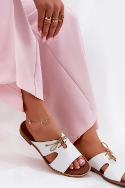 Skórzane Klapki Damskie Na Płaskim Obcasie Zazoo 3022 Białe