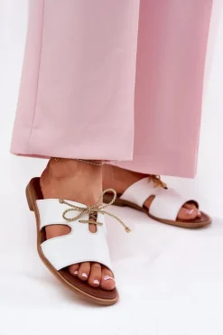 Skórzane Klapki Damskie Na Płaskim Obcasie Zazoo 3022 Białe