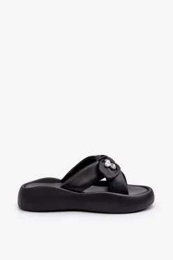 Skórzane Klapki Damskie Na Platformie Czarne GOE NN2N4110