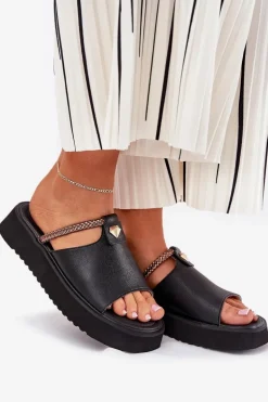 Skórzane Klapki Damskie Na Platformie Z Ozdobnym Paskiem D&A MK51-475 Czarne