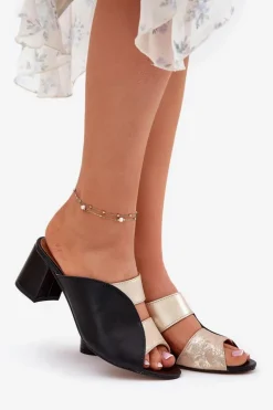 Skórzane Klapki Damskie Na Słupku Maciejka 06943-25 Czarno-Złote