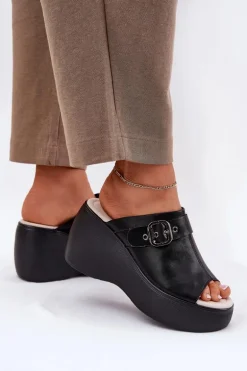 Skórzane Klapki Damskie Na Platformie I Koturnie Z Klamrą S.Barski LR51-542 Czarne