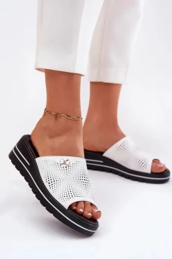 Skórzane Klapki Damskie Na Koturnie Vinceza 41477 Białe