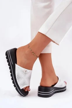 Skórzane Klapki Damskie Na Koturnie Vinceza 41477 Białe