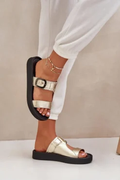 Skórzane Klapki Damskie Na Platformie Zazoo 3024 Złote