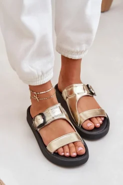 Skórzane Klapki Damskie Na Platformie Zazoo 3024 Złote