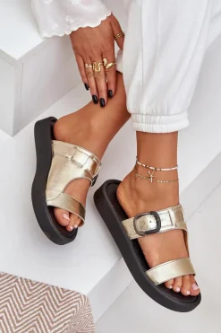 Skórzane Klapki Damskie Na Platformie Zazoo 3024 Złote