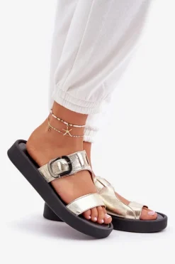 Skórzane Klapki Damskie Na Platformie Zazoo 3024 Złote