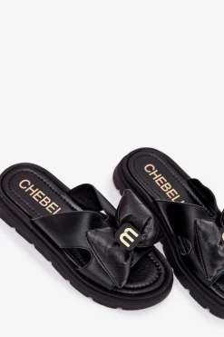 Skórzane Klapki Damskie Na Platformie Z Kokardą CheBello 4647 Czarne