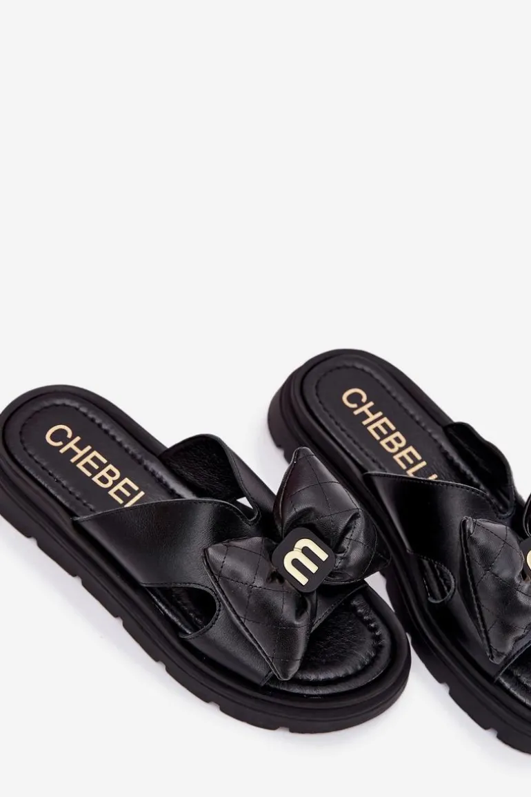 Skórzane Klapki Damskie Na Platformie Z Kokardą CheBello 4647 Czarne
