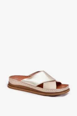 Skórzane Klapki Damskie Na Platformie Maciejka L4986-37 Beżowo-Złote