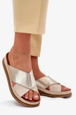 Skórzane Klapki Damskie Na Platformie Maciejka L4986-37 Beżowo-Złote