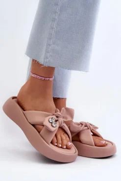 Skórzane Klapki Damskie Na Platformie Różowe GOE NN2N4109