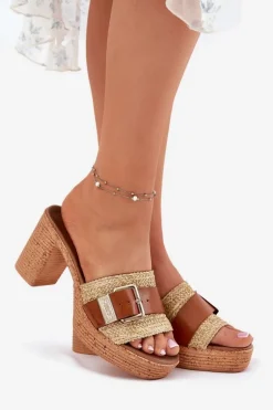 Skórzane Klapki Damskie Na Słupku Z Klamrą I Plecionką Zazoo 40459 Brązowe