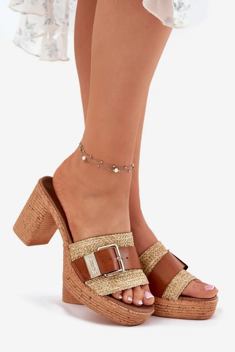 Skórzane Klapki Damskie Na Słupku Z Klamrą I Plecionką Zazoo 40459 Brązowe