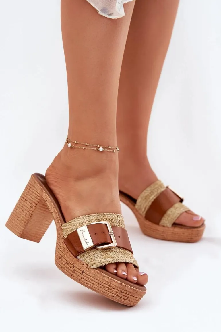 Skórzane Klapki Damskie Na Słupku Z Klamrą I Plecionką Zazoo 40459 Brązowe