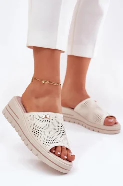 Skórzane Klapki Damskie Na Koturnie Vinceza 41477 Beżowe