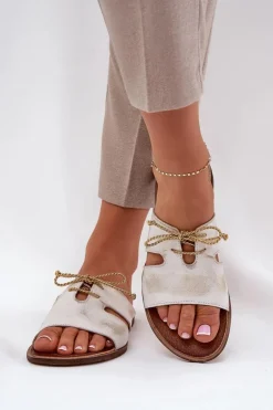 Skórzane Klapki Damskie Na Płaskim Obcasie Zazoo 3022 Złoty Przecierany