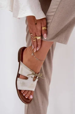 Skórzane Klapki Damskie Na Płaskim Obcasie Zazoo 3022 Złoty Przecierany