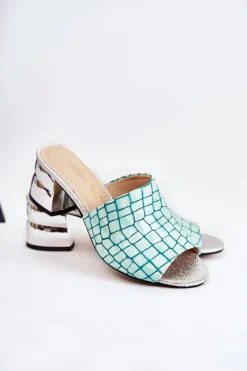 Skórzane Klapki Damskie Wzór Krokodyl Na Obcasie Jasnozielone Perry