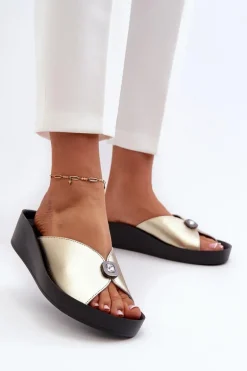 Skórzane Klapki Damskie Z Ozdobą Złote S.Barski KV27-027