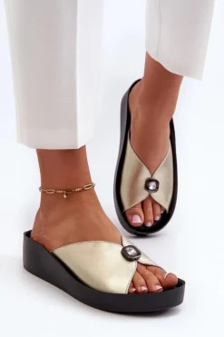 Skórzane Klapki Damskie Z Ozdobą Złote S.Barski KV27-027