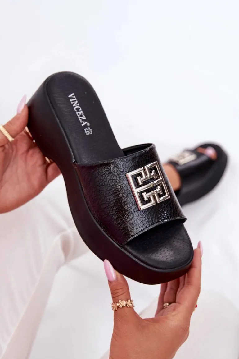 Skórzane Klapki Damskie Z Ozdobą Vinceza 79526 Czarne