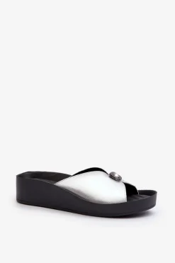 Skórzane Klapki Damskie Z Ozdobą Srebrne S.Barski KV27-027