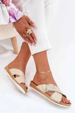 Skórzane Klapki Damskie Z Klamrą Inblu VO0004GU Beżowe