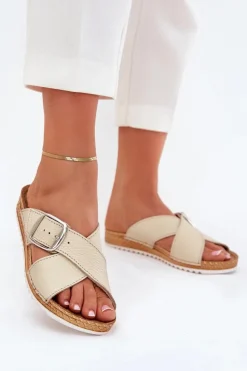 Skórzane Klapki Damskie Z Klamrą Inblu VO0004GU Beżowe