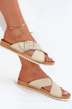 Skórzane Klapki Damskie Z Klamrą Inblu VO0004GU Beżowe