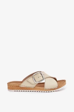 Skórzane Klapki Damskie Z Klamrą Inblu VO0004GU Beżowe