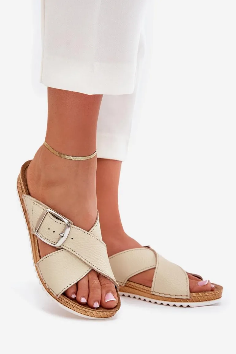 Skórzane Klapki Damskie Z Klamrą Inblu VO0004GU Beżowe