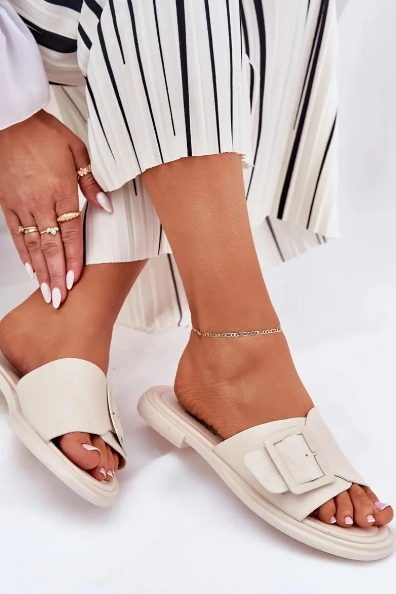 Skórzane Klapki Damskie Z Klamrą D&A SJ2302-01 Beżowe