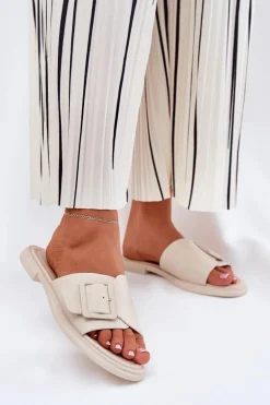 Skórzane Klapki Damskie Z Klamrą D&A SJ2302-01 Beżowe